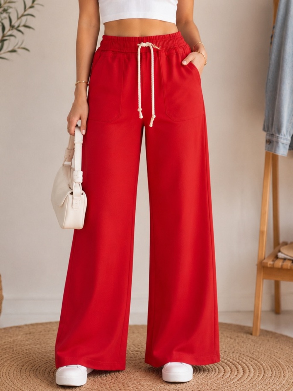 Wide Leg Drawstring Pants in Red
